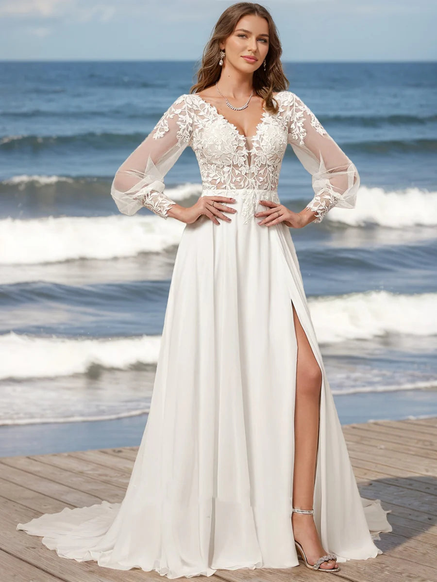 A-Line/Princess V-Neck Long Sleeves Rhinestone Wedding Dresses